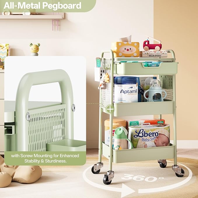Rolling cart with Drawers - 3 Tier Metal Multifunctional Storage Organizors on Wheels with Tabletop, Hooks & Basket, Sturdy Craft & Art Cart for Bathroom, Bedroom, Children Room, Green