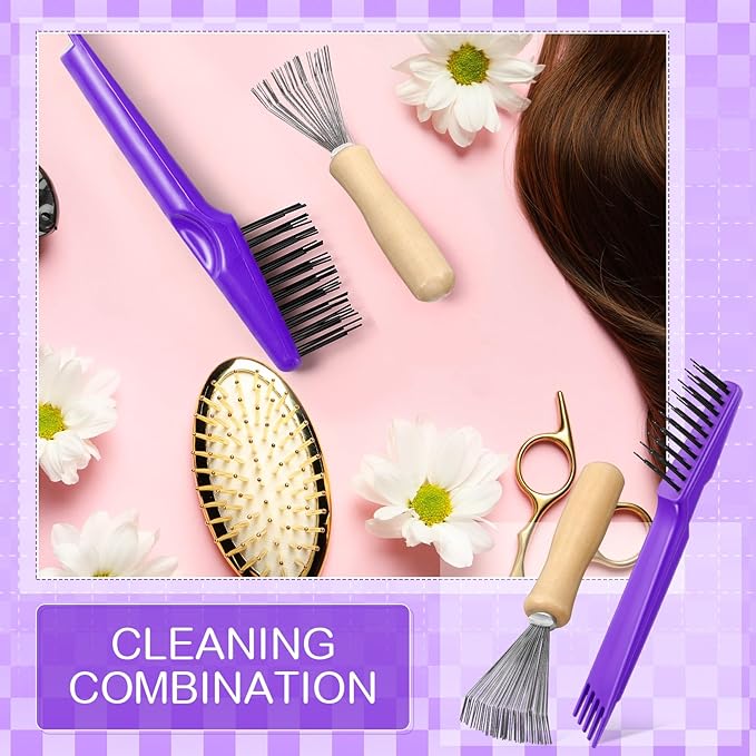 Boao 2 Pieces Hair Brush Cleaning Tool Comb Cleaner Brush Mini Comb Cleaning Hair Remover Tool for Removing Dust Home and Salon Use(Purple, Wood Color,Polished Wooden Handle Rake)