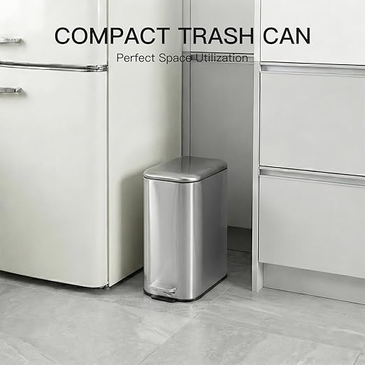 GlowSol Bathroom Trash Can with Lid, 1.3 Gallon 12 L Stainless Steel Step Trash Can with Removable Liner Bucket, Slim Small Wastebasket for Toilet Bedroom Office, Silver