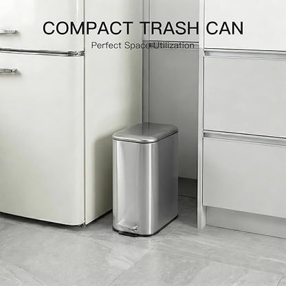GlowSol Bathroom Trash Can with Lid, 3.2 Gallon 12 L Stainless Steel Step Trash Can with Removable Liner Bucket, Slim Small Wastebasket for Toilet Bedroom Office, Silver