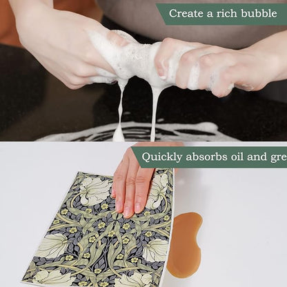 Whaline William Morris Swedish Kitchen Dishcloth Vintage Floral Absorbent Cotton Kitchen Towel Colorful Flower Dish Towel for Party Home Housewarming Cleaning Counter Wipes, 7 x 8 Inch, 6Pcs