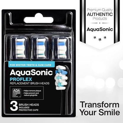 AquaSonic Genuine Proflex Replacement Brush Heads | ADA Accepted | for Whiter Teeth & Gum Care | Compatible with Many AquaSonic Toothbrush Handles (3 Pack Black)