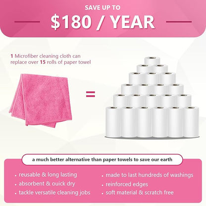 Kitchen Dish Cloths, 12 Pack, 10 x 10 Inches, Soft Absorbent Dish Towels, Lint Free Reusable Dish Rags for Dishwashing, Drying and Daily Cleanup, Hot Pink