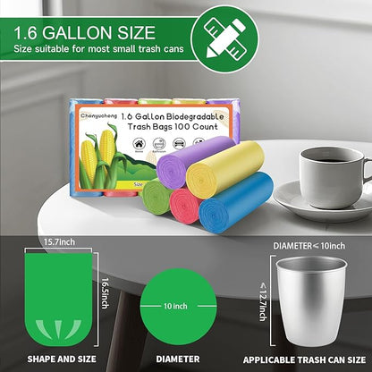 1.6 Gallon Small Trash Bags For Bathroom - Colorful Mini Garbage Bags （Fit 1.3-1.5Gal）Biodegradable 100 Count 6 Liter Unscented Tiny Waste Basket Liners Kitchen Office Car Chenyucheng