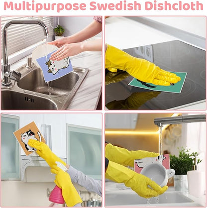 6 Pack Swedish Dishcloths for Kitchen, Cat Gifts for Cat Lovers Swedish Rags Absorbent Dish Cloth with Adhesive Clips, Reusable Paper Towels No Odor for Countertop Sink Kitchen Cat Mom Gift for Women