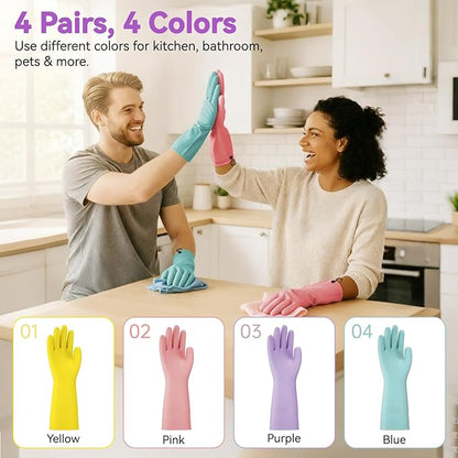 Dishwashing Rubber Gloves for Cleaning – 4 Pairs Kitchen Gloves with Handing Hooks Washing Dishes Household Glove - Large