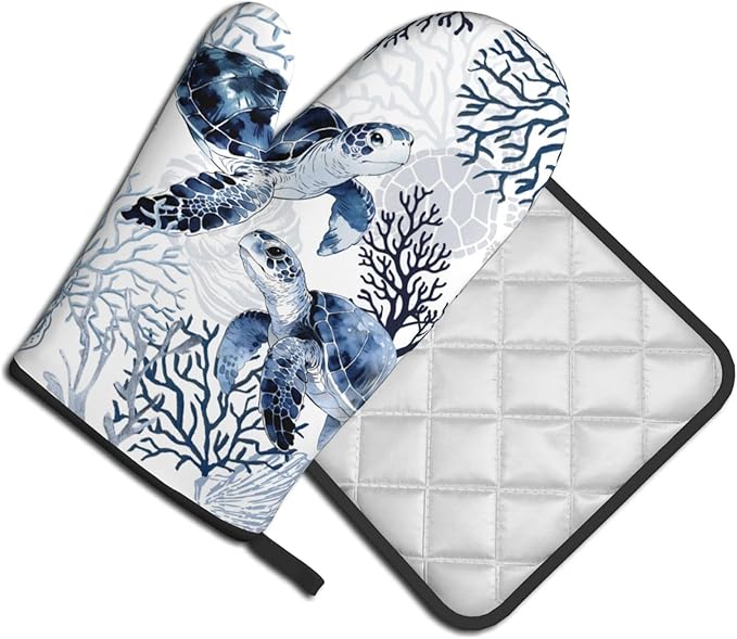 Coastal Oven Mitts and Pot Holders Sets of 2 Summer Kitchen Mitts Blue Sea Turtle Hot Pads for Cooking Baking Grilling