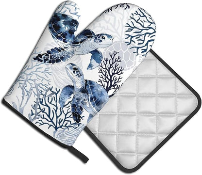 Coastal Oven Mitts and Pot Holders Sets of 2 Summer Kitchen Mitts Blue Sea Turtle Hot Pads for Cooking Baking Grilling