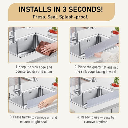 Kitchen Sink Splash Guard 18" Self-Draining Silicone Water Guard with High Splash Wall & Strong Suction Cups for Faucet, Countertop & Sink Edge, Keeps Sinks Dry, Dishwasher Safe, Gray