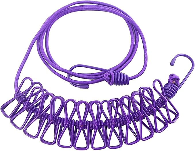 ALINNA Retractable Portable Clothesline, Travel Clothesline with 12 Clothespins for Indoor Laundry Drying, Outdoor Camping Accessories (Purple)