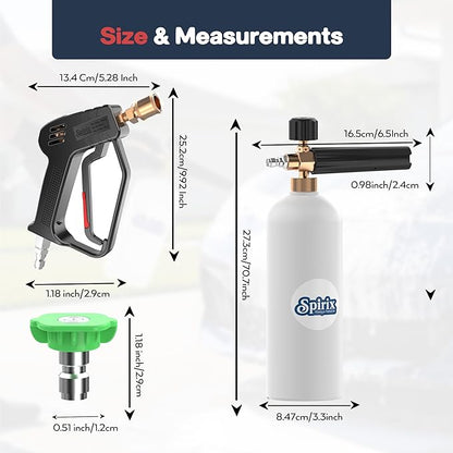 Short Pressure Washer Gun with Foam Cannon Kit - High Pressure Car Wash Foam Gun with M22-14mm & 15mm Fittings - Includes 5 Nozzle Tips, 1/4" Quick Connector & 1L Snow Foam Lance (4000 PSI)