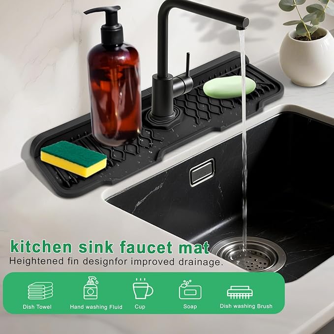 17 Inch Faucet Mat For Kitchen Sink Splash Guard Behind Faucet, ，5°Slope Fast Draining Silicone Mat , Dish Soap Sponge Holder for Bathroom Sink kitchen sink organizer (black, 17" x 6")