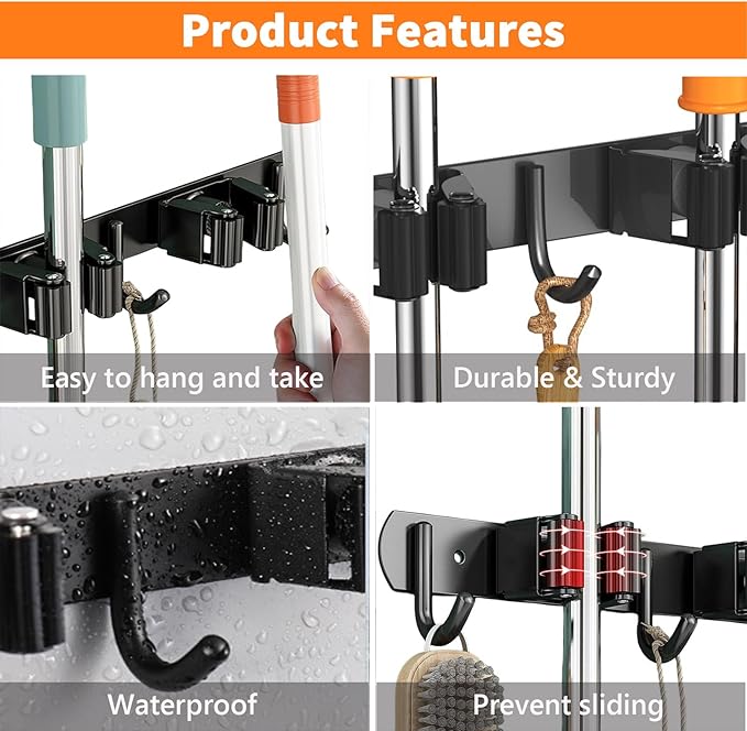 CUXIXA Mop and Broom Holder Wall Mount, Upgraded Broom Organizer Wall Mount, Stainless Steel Broom Hanger Wall Mount for Home Kitchen Garden Laundry Garage (5 Racks with 4 Hooks Black)