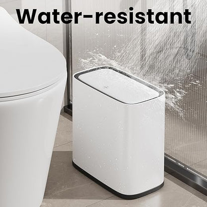 Bathroom Trash Can, 2.1 Gallon Small Slim Garbage Can with Lid and Wheels, Air-Press Bag Expander & Inner Bucket, White Plastic Waste Basket Dog Proof for Kitchen, Office, Bedroom, Garbage Trash Bin