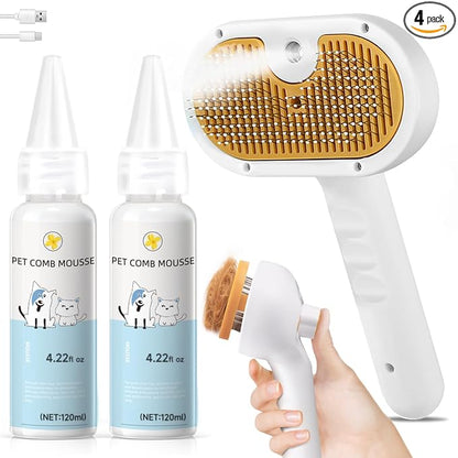 Pet Steam Brush for Dog & Cat – 3-in-1 Spray Hair Removal Comb for Shedding & Grooming, Softens Fur & Reduces Static – Water Brush for Long & Short Coats, Bath-Hating Pets, Includes Waterless Shampoo