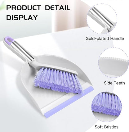 NACENA Mini Broom and Dustpan Set 2 Packs, Small Dust Pan and Brush Set with Handle Dustpan Teeth for Cleaning Hair Suitable for Office Desks Drawers Sofas Outdoor Camping, Light & Purple