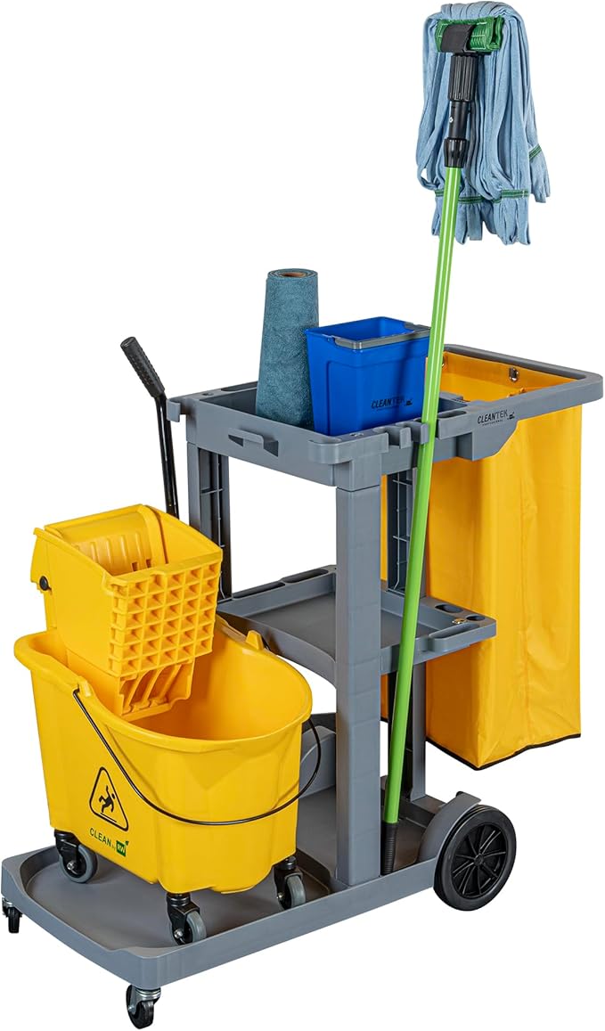 Restaurantware-Clean Tek Professional Janitor Cart with Wheels, 1 Cleaning Trolley with 18 Gallon Bag - 3 Shelves, Heavy-Duty, Gray Plastic Commercial Janitorial Cart, for Restaurants