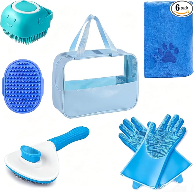 6PCS Blue Dog Washing Kit with Dog Brush, Shampoo Brush, Bath Scrubber,Washing Gloves, 39.7" × 20.5" Towel and Big Toiletries Bag.