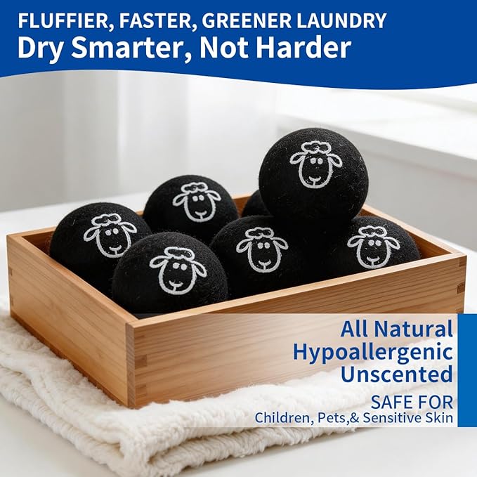 Wool Dryer Balls, New Zealand Dryer Balls Laundry Reusable Reduce Static Cling, Dryer Ball to Reduce Wrinkles & Shorten Drying Time, Drying Balls for Laundry(Pack of 6) (Black-Lamb)