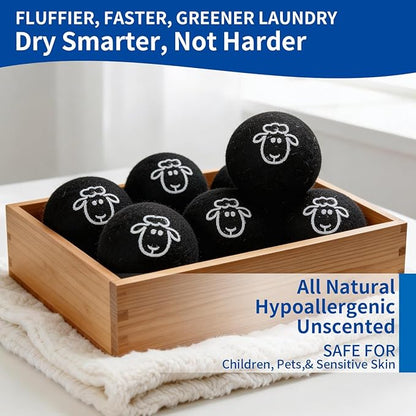Wool Dryer Balls, New Zealand Dryer Balls Laundry Reusable Reduce Static Cling, Dryer Ball to Reduce Wrinkles & Shorten Drying Time, Drying Balls for Laundry(Pack of 6) (Black-Lamb)