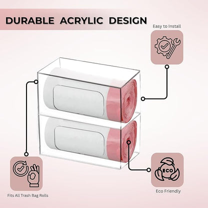Acrylic Trash Bag Dispenser Roll Holder – 2 Compartment Clear Wall Mount & Trash Bag Holder Under Sink Organizer for Kitchen Cabinet, Drawer, Pantry – Trash Liner Storage Box for Garbage, Grocery Bags