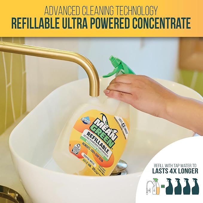Mean Green Refillable Ultra Powered Bathroom Cleaner Concentrate, Tropical Breeze, 14.3 fl oz (2-Pack) – Plant & Mineral Based, Removes 100% of Soap Scum, Refillable Bottle Makes 4X Refills