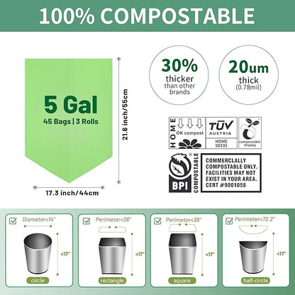 5 Gallon Trash Bags Compostable Compost Small Garbage Bag Extra Thick 0.78 Mil for Kitchen Bathroom BPI Certified 45 Counts, Green