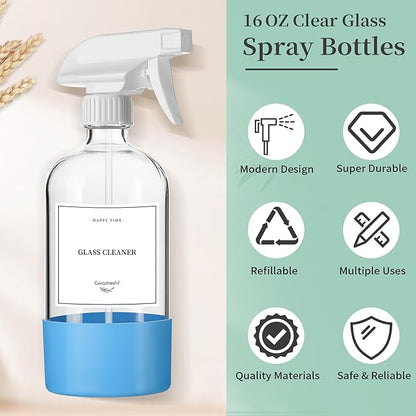 GIVAMEIHF 4 Pack Glass Spray Bottles with Silicone Sleeve,16oz Clear Glass Spray Bottles Refillable Empty Bottle with Adjustable Nozzle,Spray Bottle for Cleaning Solutions,Essential Oils,Pets,Hair