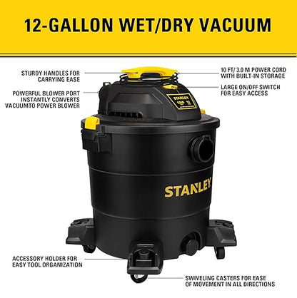 STANLEY 12 Gallon 5.5 Peak HP Wet/Dry Vacuum, 3 in 1 Shop Vacuum Blower,1-7/8"x6 Hose, Range for Garage, Carpet Clean, Workshop with Vacuum Attachments-SL18199P