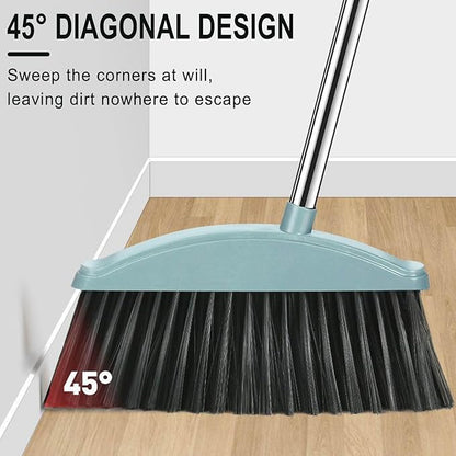 Broom and Dustpan Set, 32" Stainless Steel Long Handle,Standing Storage, Indoor Sweeping Combo for for Home & Kitchen, Broom with Dustpan Combo Set, Teeth Comb, Green