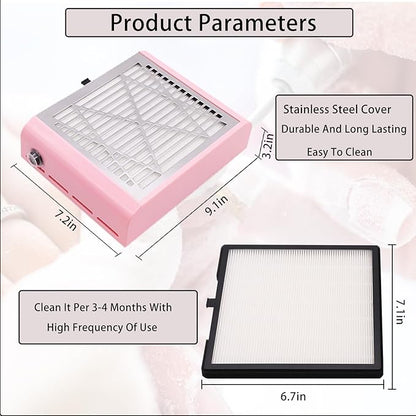Electric Nail Dust Collector Machine, Nail Vacuum Suction Fan with Reusable Filters, Stainless Steel Nail Dust Cleaner, Dust Extractor Manicure Tool for Acrylic Gel Nail Polishing, Pink