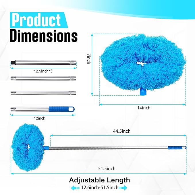 Ceiling Fan Cleaner Duster with Extension Pol, 12 to 51 Inch Duster Length, Reusable Microfiber Dusters for Cleaning Fan Blades, Cobwebs, Walls, Windows & High Ceilings, Removable, Blue