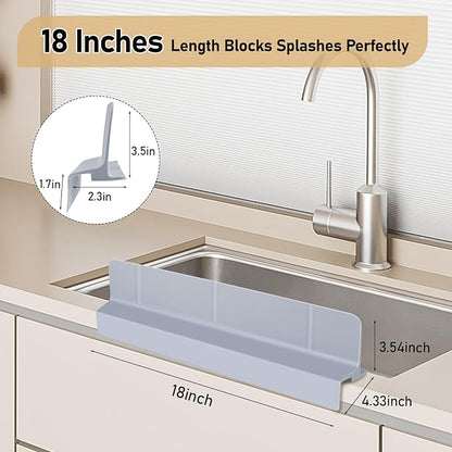 Kitchen Sink Splash Guard 18" Self-Draining Silicone Water Guard with High Splash Wall & Strong Suction Cups for Faucet, Countertop & Sink Edge, Keeps Sinks Dry, Dishwasher Safe, Gray