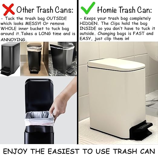 Homie Soft Close, Slim Trash Can 6 Liter / 1.6 Gallon with Anti - Bag Slip Liner and Lid, Use as Mini Garbage Basket, Slim Dust Bin, or Decor in Bathroom, Restroom, Kitchen, or Bedroom (Matte White)