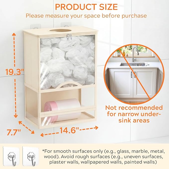 Plastic Bag Holder, Grocery Bag Holder with Trash Bag Roll Dispenser, Wall Mounted Soft Fabric Trash Bag Dispenser (Not Rigid), 14.6" L x 7.7" W x 19.3" H, for Kitchen Pantry Laundry Garage, Beige