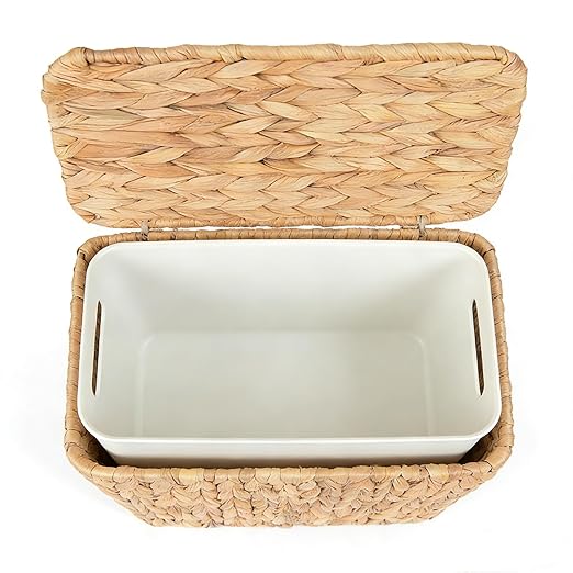 Wicker Trash Can,2.5 Gallon Bathroom Trash Can with Lid,Natural Water Hyacinth Wicker Waste Basket with Removable Liner, for Bedroom, Toilet, Narrow Spaces