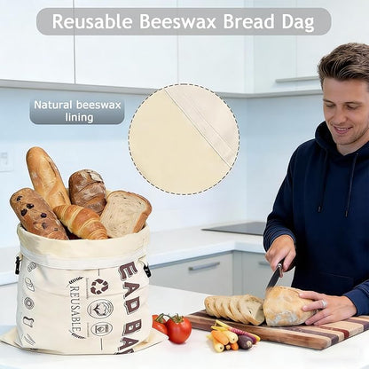 2 Pack Reusable Beeswax Bread Bags, Organic Cotton Sourdough & Baguette Storage Bag with Detachable Lining, Freezer Safe Eco-friendly Bread Fresh Keeper for Kitchen