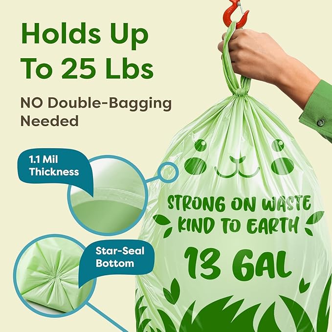 13 Gallon Compostable Trash Bags (30 Count) — Leakproof Plant-based Thick (1.1 Mil) Tall Kitchen Garbage Bags — ASTM D6400 BPI Certified — Heavy-Duty Large Food Scrap Liner Bag with Handle-Tie