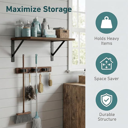 Broom and Mop Organizer Wall Hanging with Cleaning Supplies Organizer Shelf Rustic Farmhouse Wood Broom Mop Holder Storage Rack for Laundry Room Garage (1, Brown)