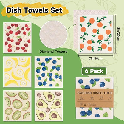 Polly Online Swedish Dishcloths for Kitchen,6 Pack Cloth Paper Towels Reusable Washable,Super Absorbent Dish Towels,No Odor,Biodegradable,Fruit Design