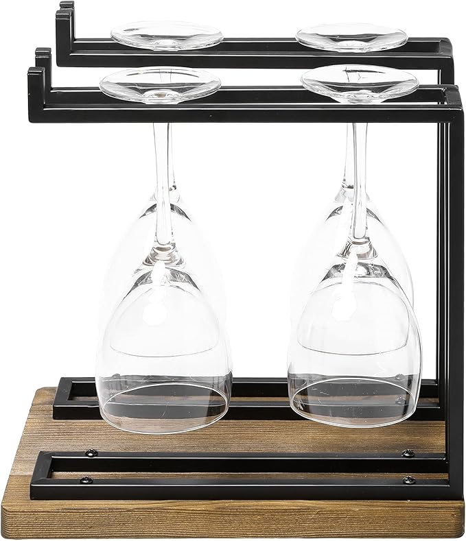 MyGift Industrial Metal Wine Glass Rack Holder Stand with 2 Hanger Bars and Rustic Wooden Base, Countertop Hanging Stemware Holder