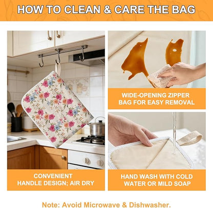 New L-shaped Zipper Beeswax Bread Bags 2 Pack, Floral Bread Bags for Homemade Bread, Natural Beeswax Lining Reusable Bread Bag for Bread Freshness Extends Shelf Life