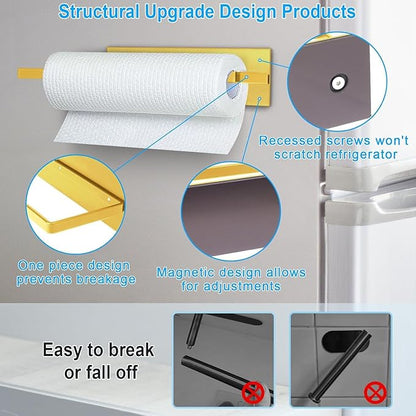 Gold Paper Towel Holder, Magnetic Paper Towel Holder for Fridge, Toilet Paper Roll Holder Magnet Fridge Rack Wall Mount Towel Organizer for Paper Towels Rolls Bathroom Pantry RV Kitchen Storage Golden