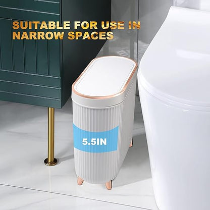 Supteron Bathroom Trash Can with Lid 3.2 Gallon Narrow Trash Can Small Plastic Trash Bin 12 Liter Rectangular Plastic Garbage Can with Press Type Lid for Bedroom Bathroom Milk White