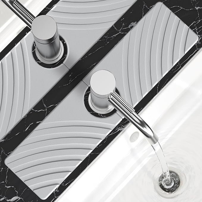 SpaceHacks Stone Faucet Mat for Kitchen Sink - Fast Drying Diatomite Stone Drying Mat, Textured Drainage Sink Protector, Water Splash Guard with Base Pads for Bathroom Counter (15.7x4 in, Light Gray)