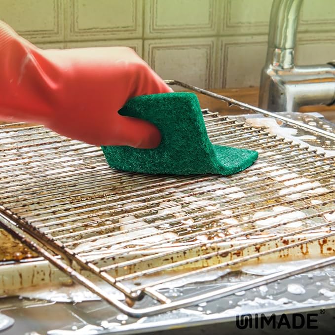 UNIMADE Heavy Duty Scouring Pad, 96Pcs Household Scour Pad for Kitchen, Garage and Outdoors, Reusable Dish Scrubber Pads for Pan and Metal Grill - Green