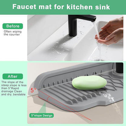 17 Inch Faucet Mat For Kitchen Sink Splash Guard Behind Faucet, ，5°Slope Fast Draining Silicone Mat , Dish Soap Sponge Holder for Bathroom Sink kitchen sink organizer (Grey, 17" x 6")