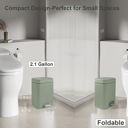 rejomiik Small Bathroom Trash Can with Lid 2.1 Gallon Soft Close Step Slim Garbage Can Waste Bin for Office, Bedroom, Kitchen, Light Green
