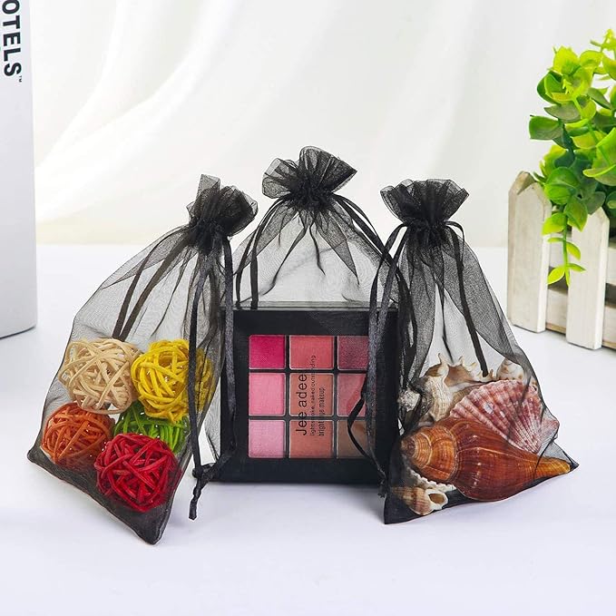 100 Pcs Per Pack 5x7 Gifts Wrap Bags Black, Organza Sheer Fabric, Drawstring Transparent Mesh Bags for Baby Shower Favor,Anniversary,Dried Lavender Flowers,Confetti,Women Lipstick,Halloween,Travel