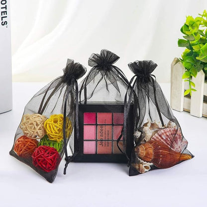 100 Pcs Per Pack 5x7 Gifts Wrap Bags Black, Organza Sheer Fabric, Drawstring Transparent Mesh Bags for Baby Shower Favor,Anniversary,Dried Lavender Flowers,Confetti,Women Lipstick,Halloween,Travel